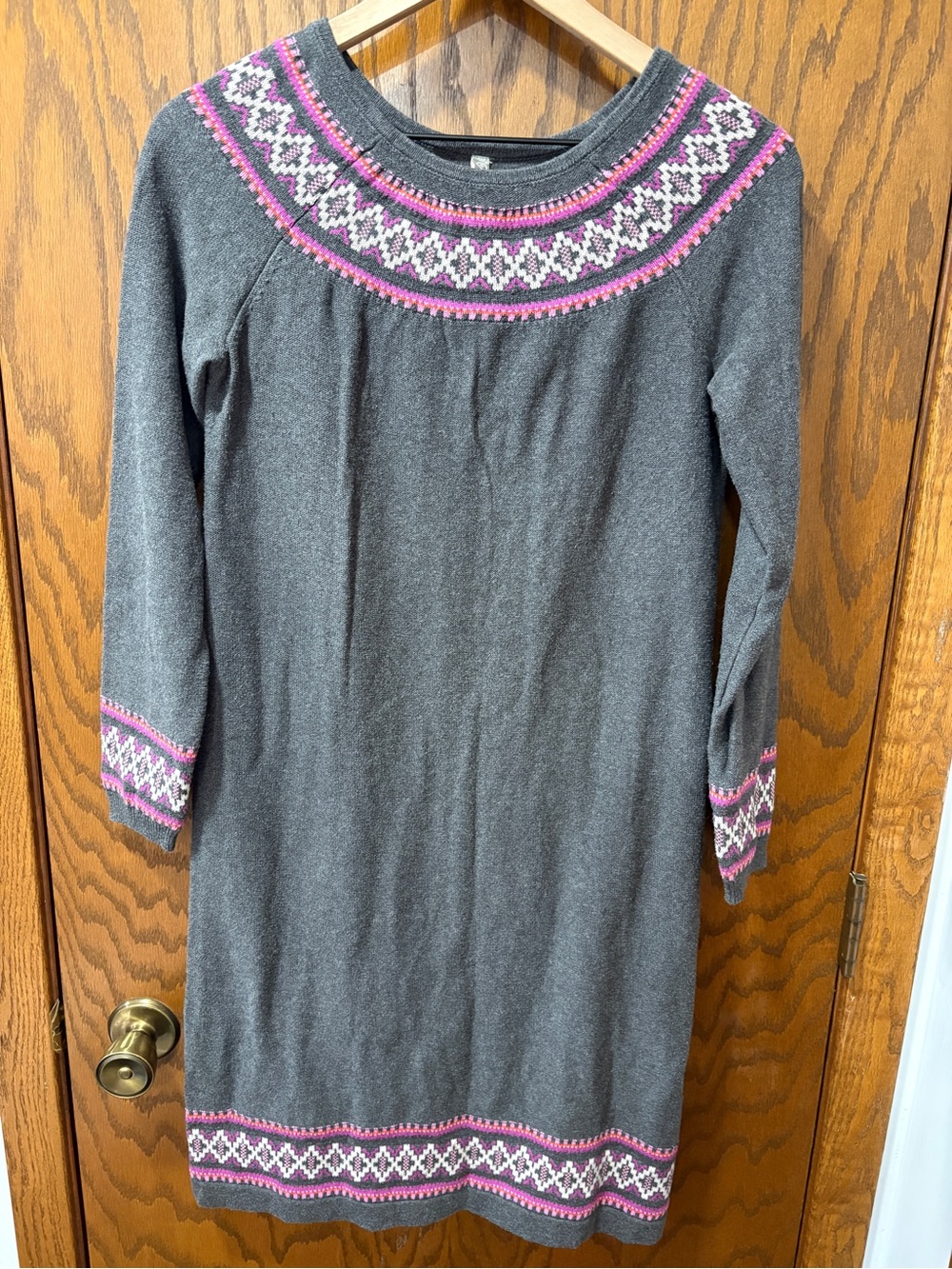 Hanna Anderson Gray Knit Cotton Sweater Dress Pink White Fair Isle Trim Small